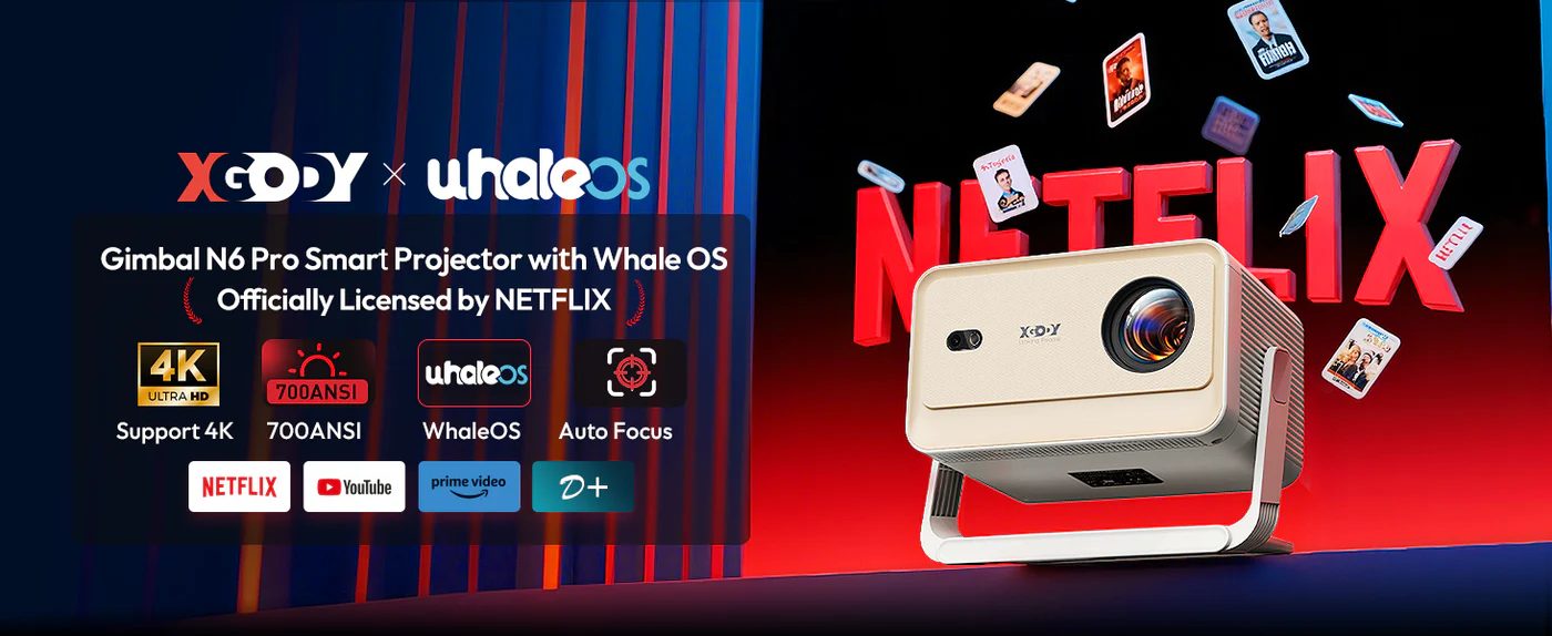 Vidéoprojecteur Xgody N6 Pro – Certifié Netflix, FHD 1080P, 700 ANSI – WiFi 6, Commande Vocale